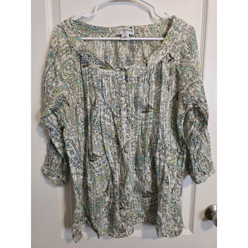 Vintage Sag Harbor Woman Blue/Green 3/4 Sleeve Lightweight Blouse Sz 1X 302
